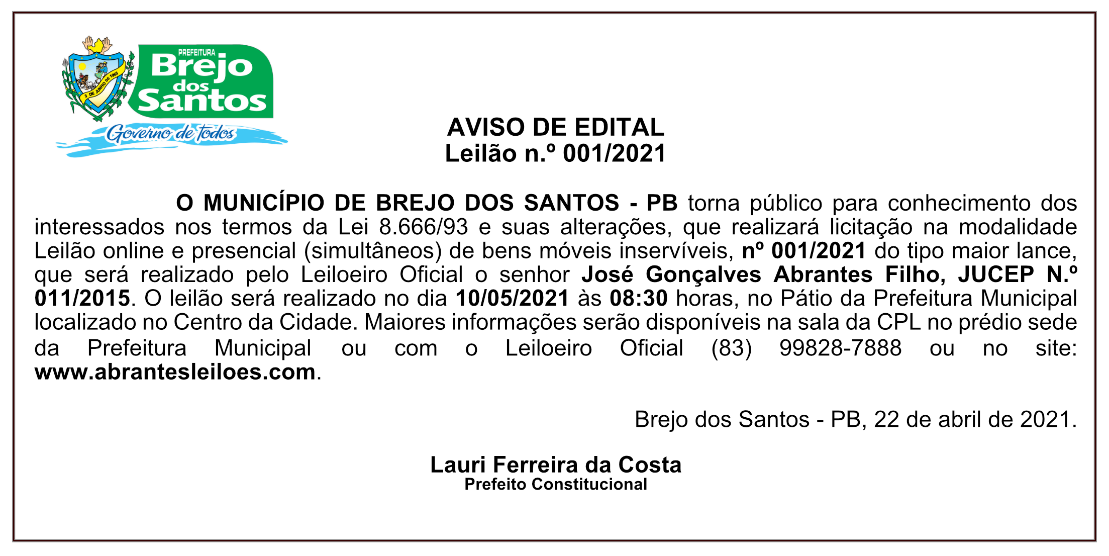 PREFEITURA MUNICIPAL DE BREJO DOS SANTOS – AVISO DE EDITAL – LEILÃO Nº 001/2021