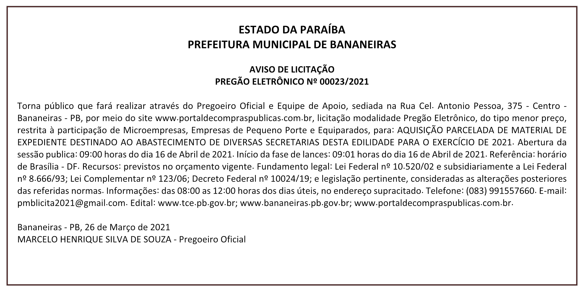 PREFEITURA MUNICIPAL DE BANANEIRAS – AVISO DE LICITAÇÃO – PREGÃO ELETRÔNICO Nº 00023/2021