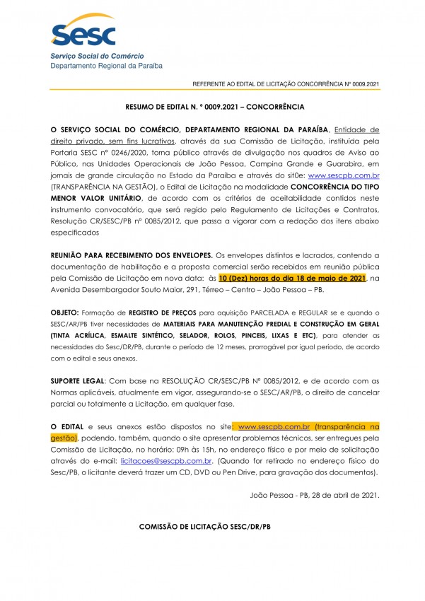 SESC – RESUMO DE EDITAL N. º 0009.2021 – CONCORRÊNCIA