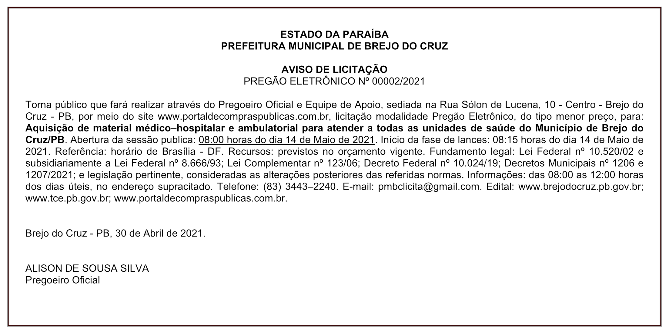 PREFEITURA MUNICIPAL DE BREJO DO CRUZ – AVISO DE LICITAÇÃO – PREGÃO ELETRÔNICO Nº 00002/2021