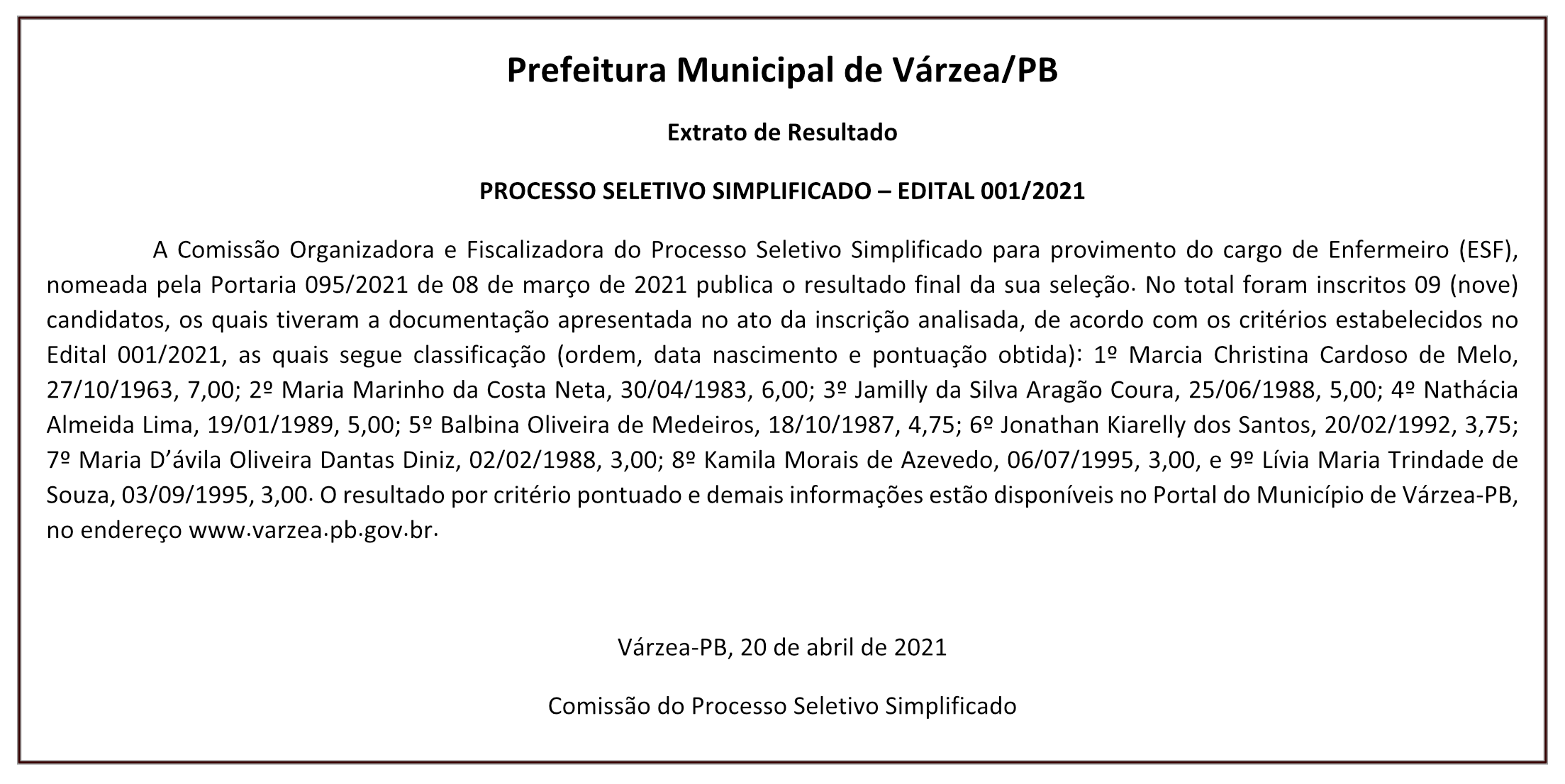Prefeitura Municipal de Várzea – Extrato de Resultado – PROCESSO SELETIVO SIMPLIFICADO – EDITAL 001/2021