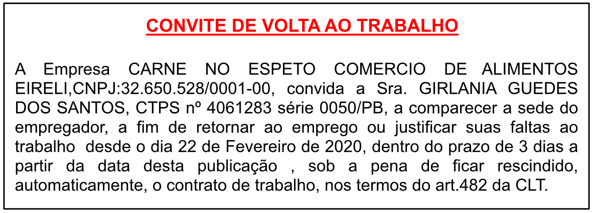 CARNE NO ESPETO COMERCIO DE ALIMENTOS EIRELI –  CONVITE DE VOLTA AO TRABALHO