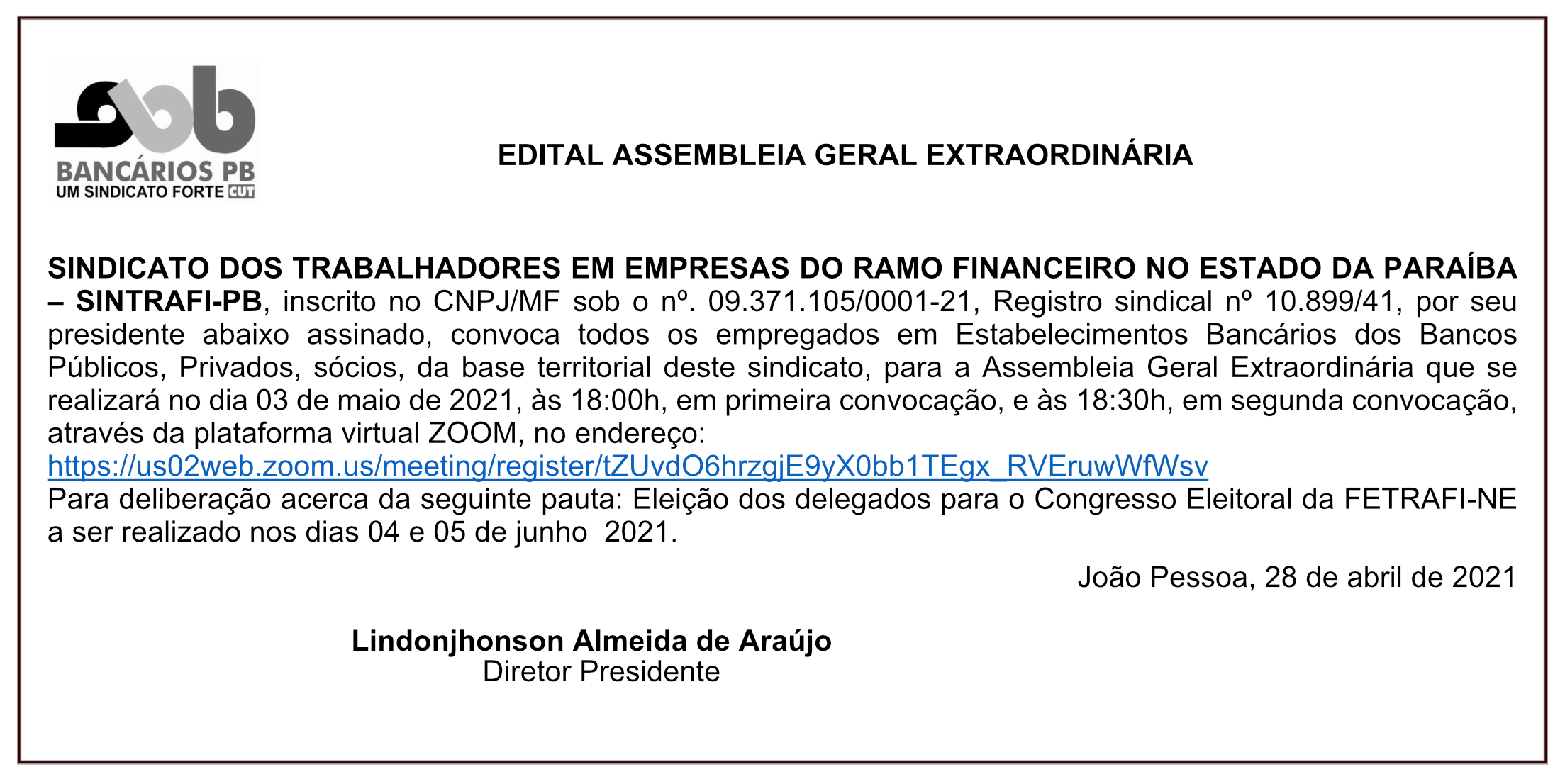 SINTRAFI-PB – EDITAL ASSEMBLEIA GERAL EXTRAORDINÁRIA