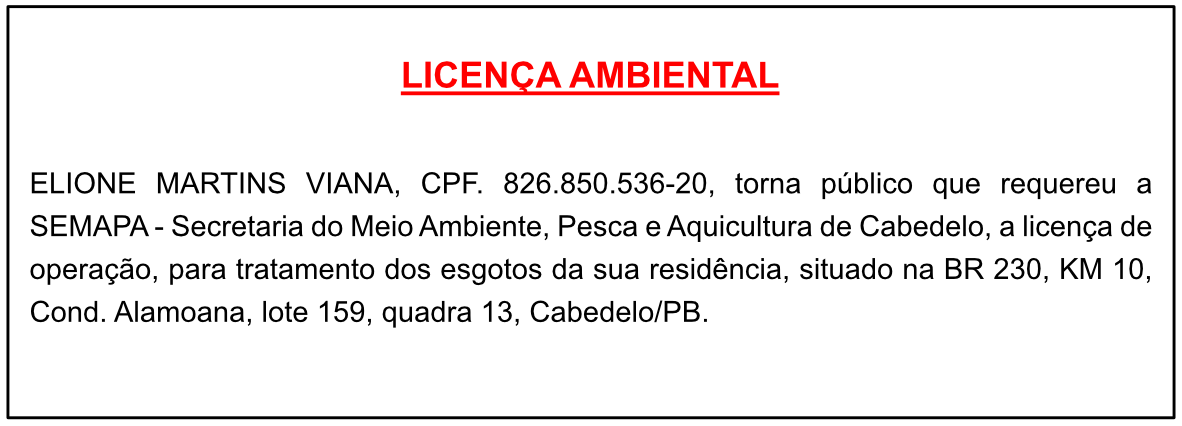 ELIONE MARTINS VIANA – LICENÇA AMBIENTAL