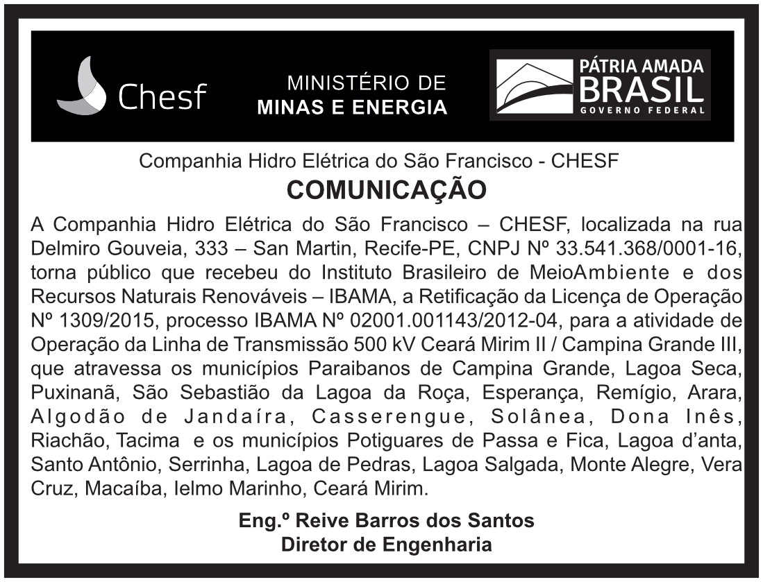 CHESF – PE – RECIFE – Recebimento LO No 1309-2015 1a RETIFICAÇÃO-LT 500 kV Ceará Mirim II – Campina Grande III