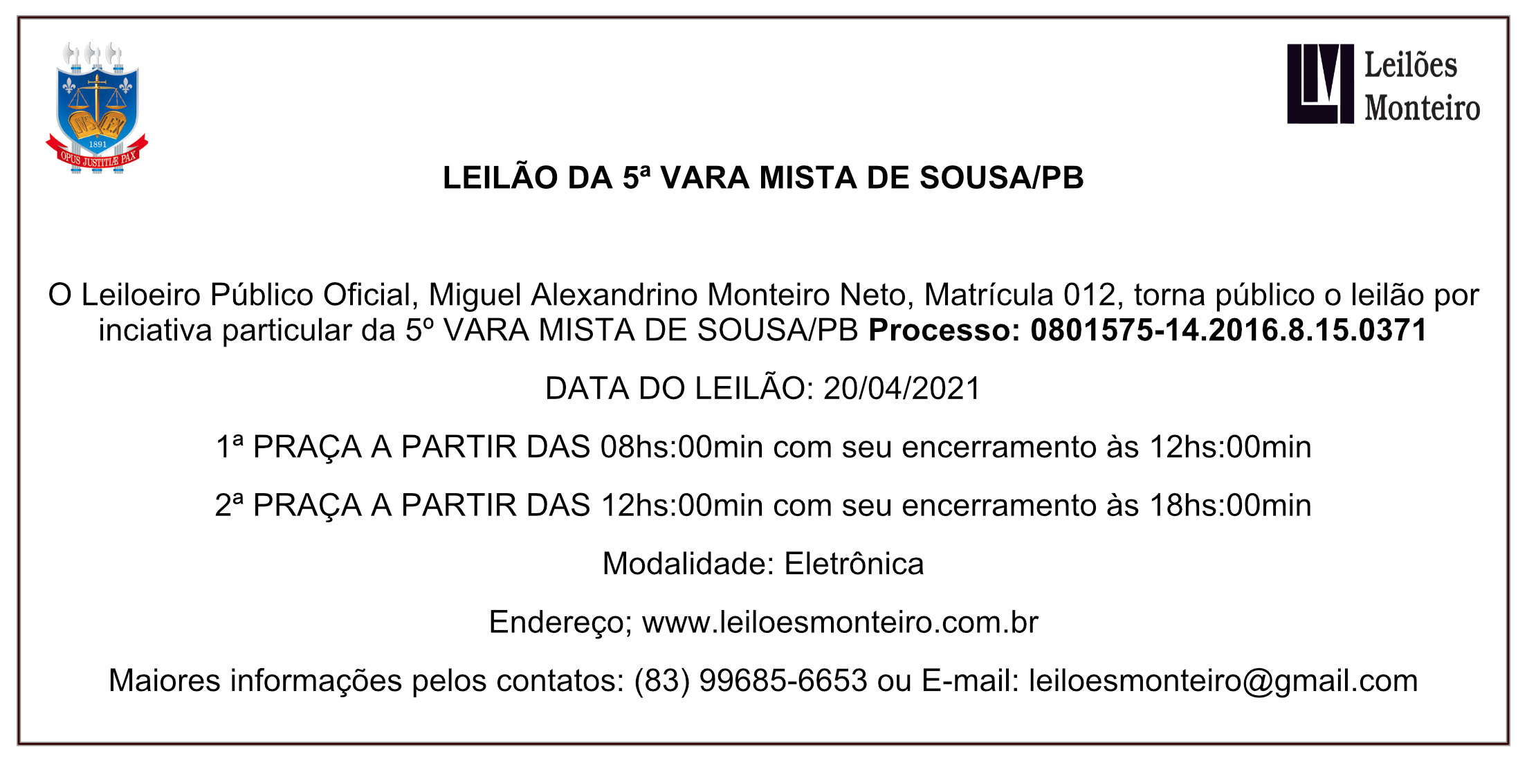Leilões Monteiro – LEILÃO DA 5ª VARA MISTA DE SOUSA/PB