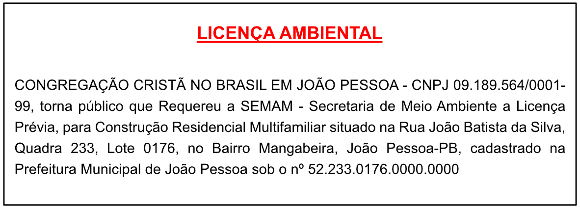 CONGREGAÇÃO CRISTÃ NO BRASIL EM JOÃO PESSOA – LICENÇA AMBIENTAL