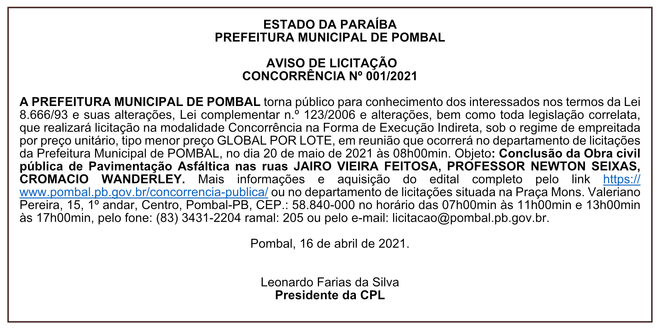 PREFEITURA MUNICIPAL DE POMBAL – AVISO DE LICITAÇÃO – CONCORRÊNCIA Nº 001/2021