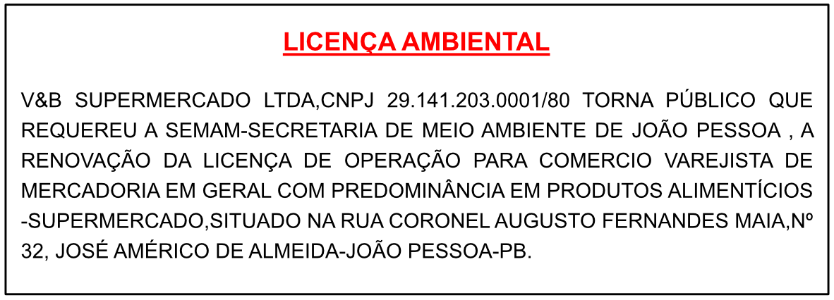 V&B SUPERMERCADO LTDA – LICENÇA AMBIENTAL