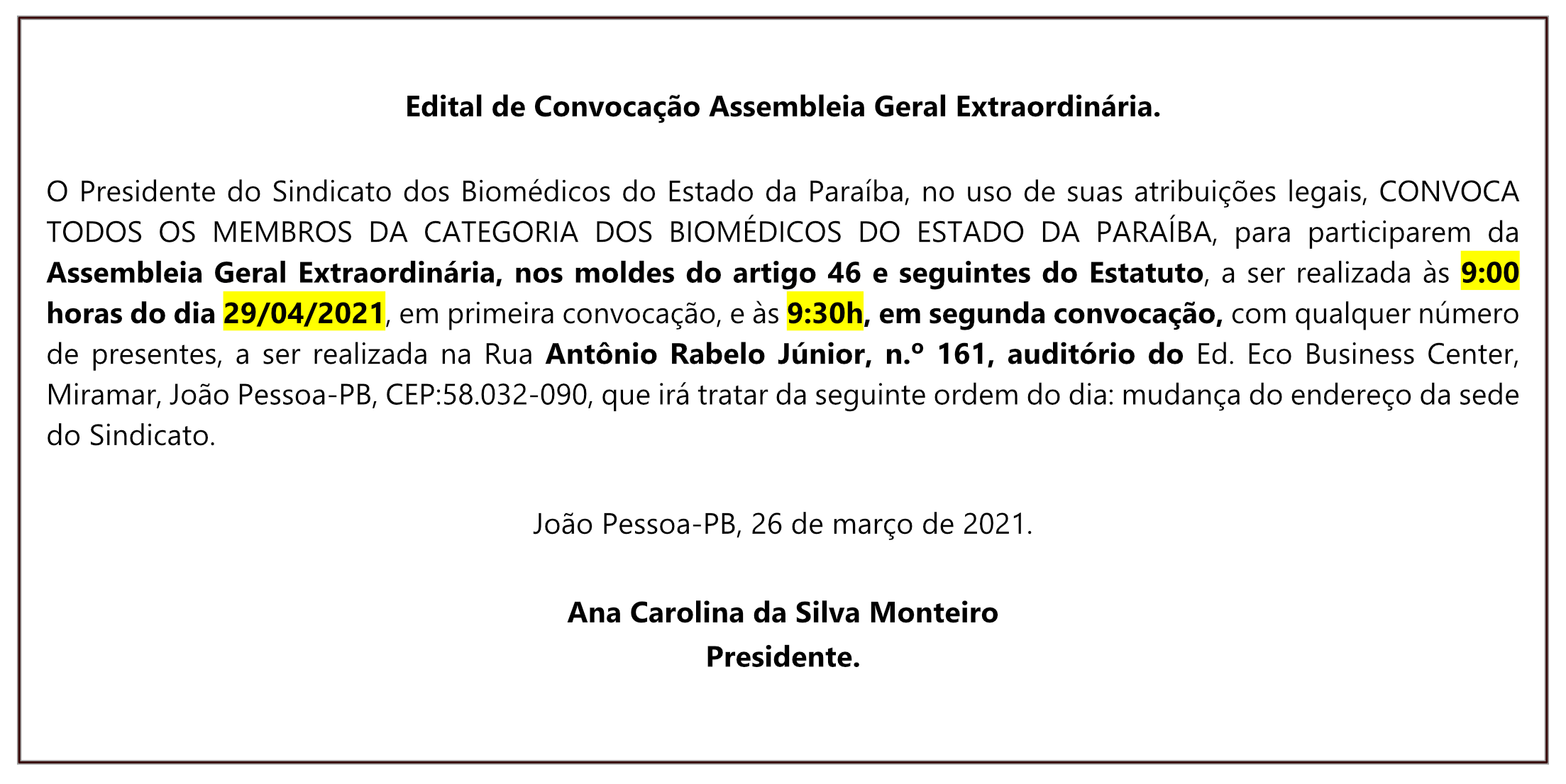 Sindicato dos Biomédicos do Estado da Paraíba – Edital de Convocação – Assembleia Geral Extraordinária