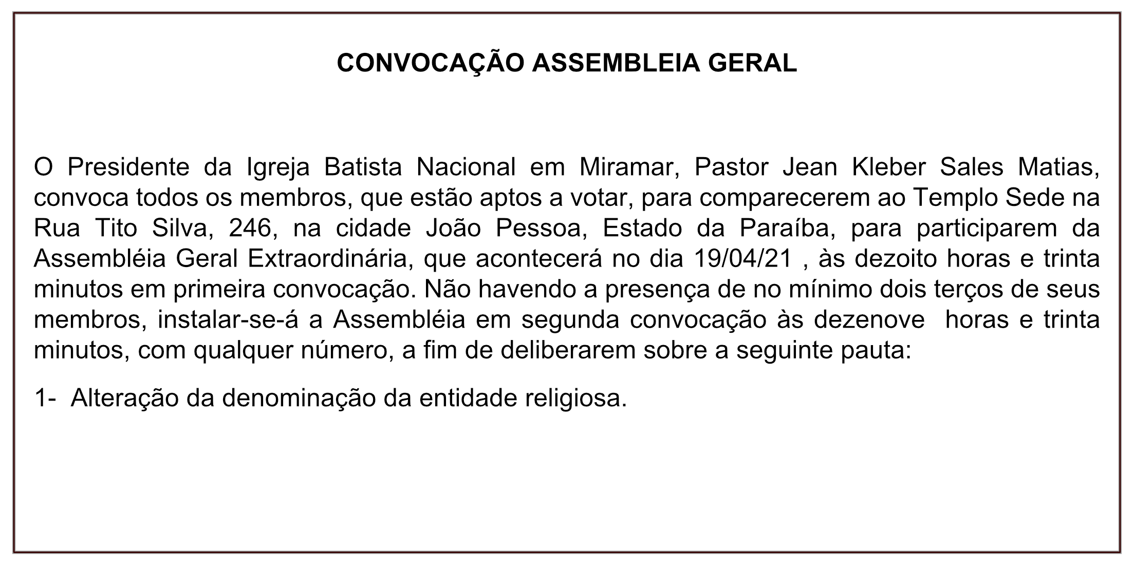 Igreja Batista Nacional em Miramar – CONVOCAÇÃO DE ASSEMBLEIA GERAL