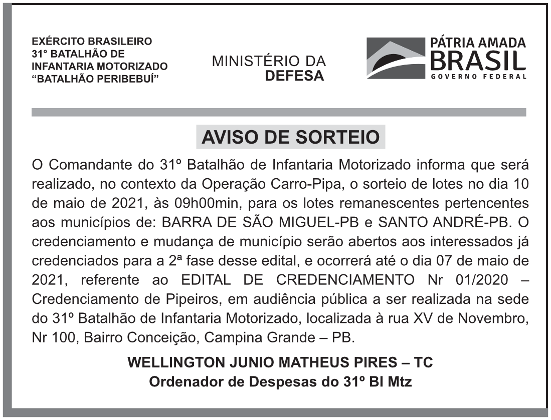 CMDO – 31º B INF MTZ – PB Campina Grande – AVISO DE SORTEIO OPERAÇÃO CARRO PIPA EDITAL DE CREDENCIAMENTO 01/2020