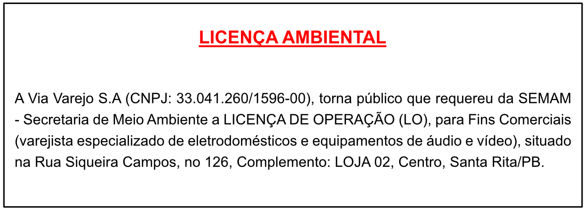 Via Varejo S.A – Licença Ambiental