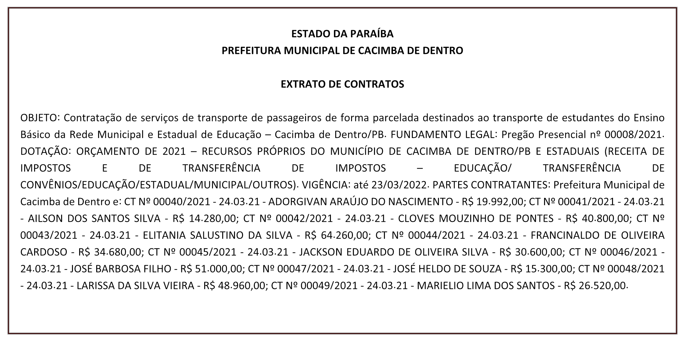 PREFEITURA MUNICIPAL DE CACIMBA DE DENTRO – EXTRATO DE CONTRATOS