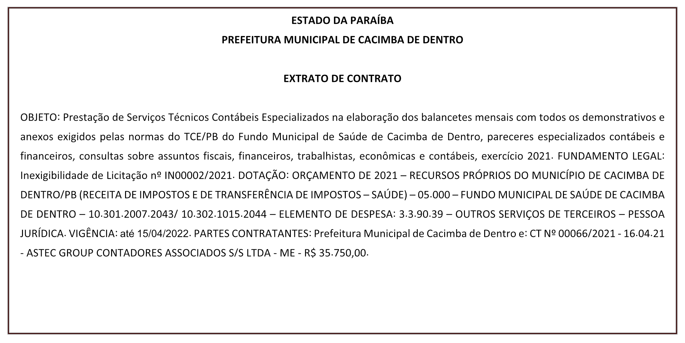 PREFEITURA MUNICIPAL DE CACIMBA DE DENTRO – EXTRATO DE CONTRATO