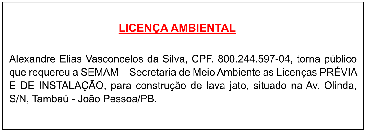 Alexandre Elias Vasconcelos da Silva – LICENÇA AMBIENTAL