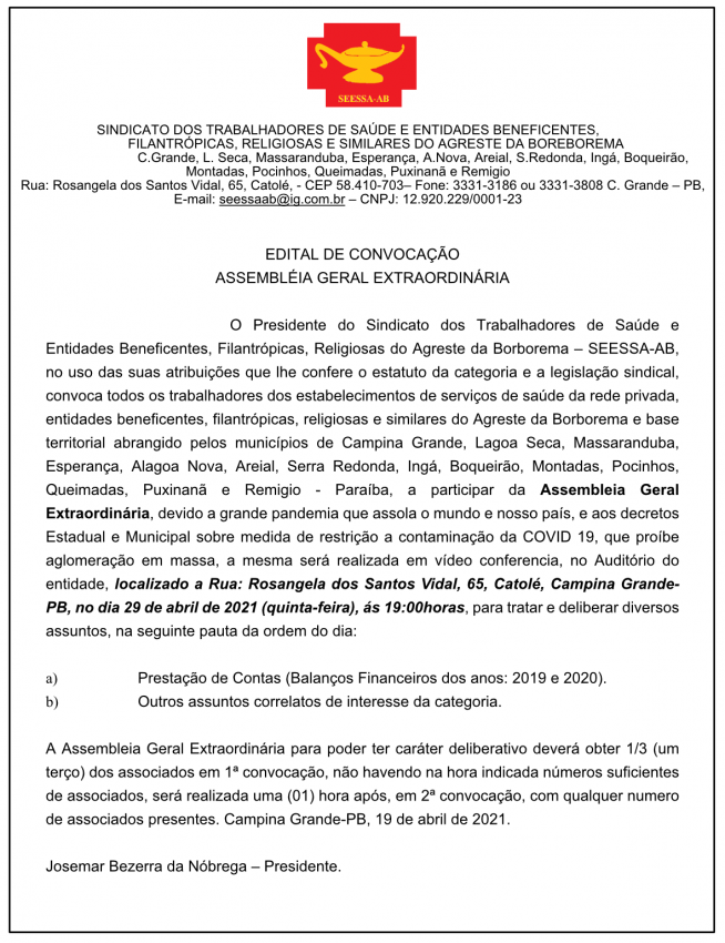 SEESSA-AB – EDITAL DE CONVOCAÇÃO – ASSEMBLEIA GERAL EXTRAORDINÁRIA