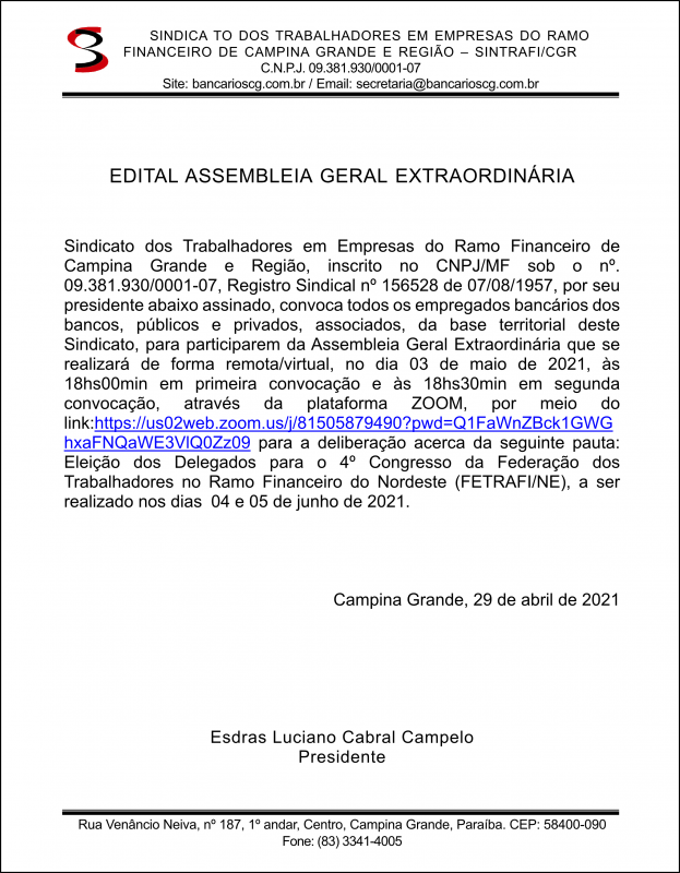 Sintrafi-CGR – ASSEMBLEIA GERAL EXTRAORDINÁRIA