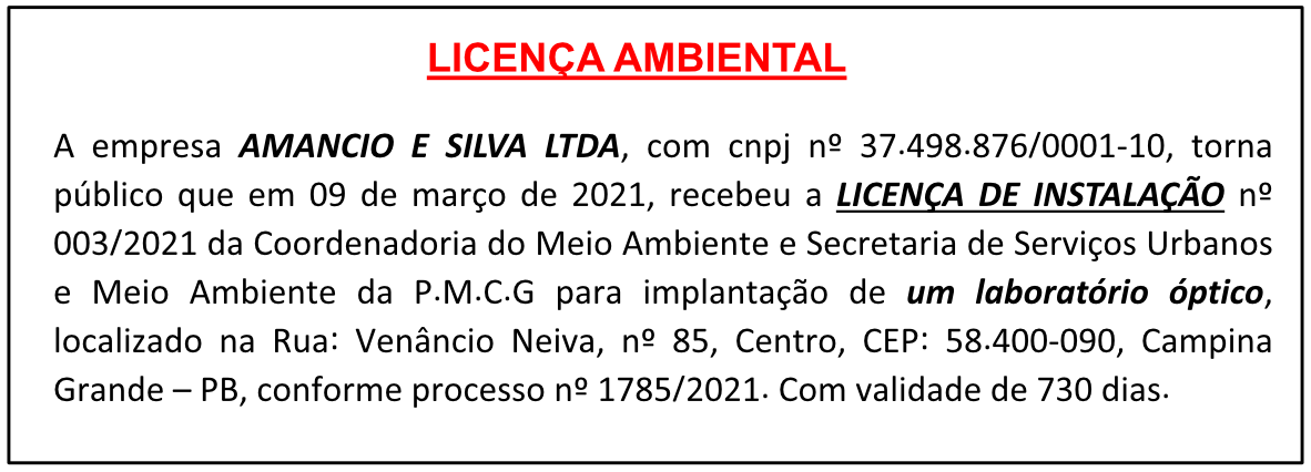 AMANCIO E SILVA LTDA – LICENÇA AMBIENTAL