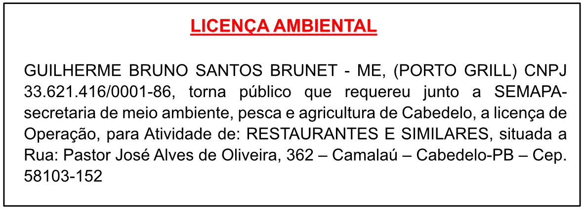 GUILHERME BRUNO SANTOS BRUNET – ME, (PORTO GRILL) – LICENÇA AMBIENTAL