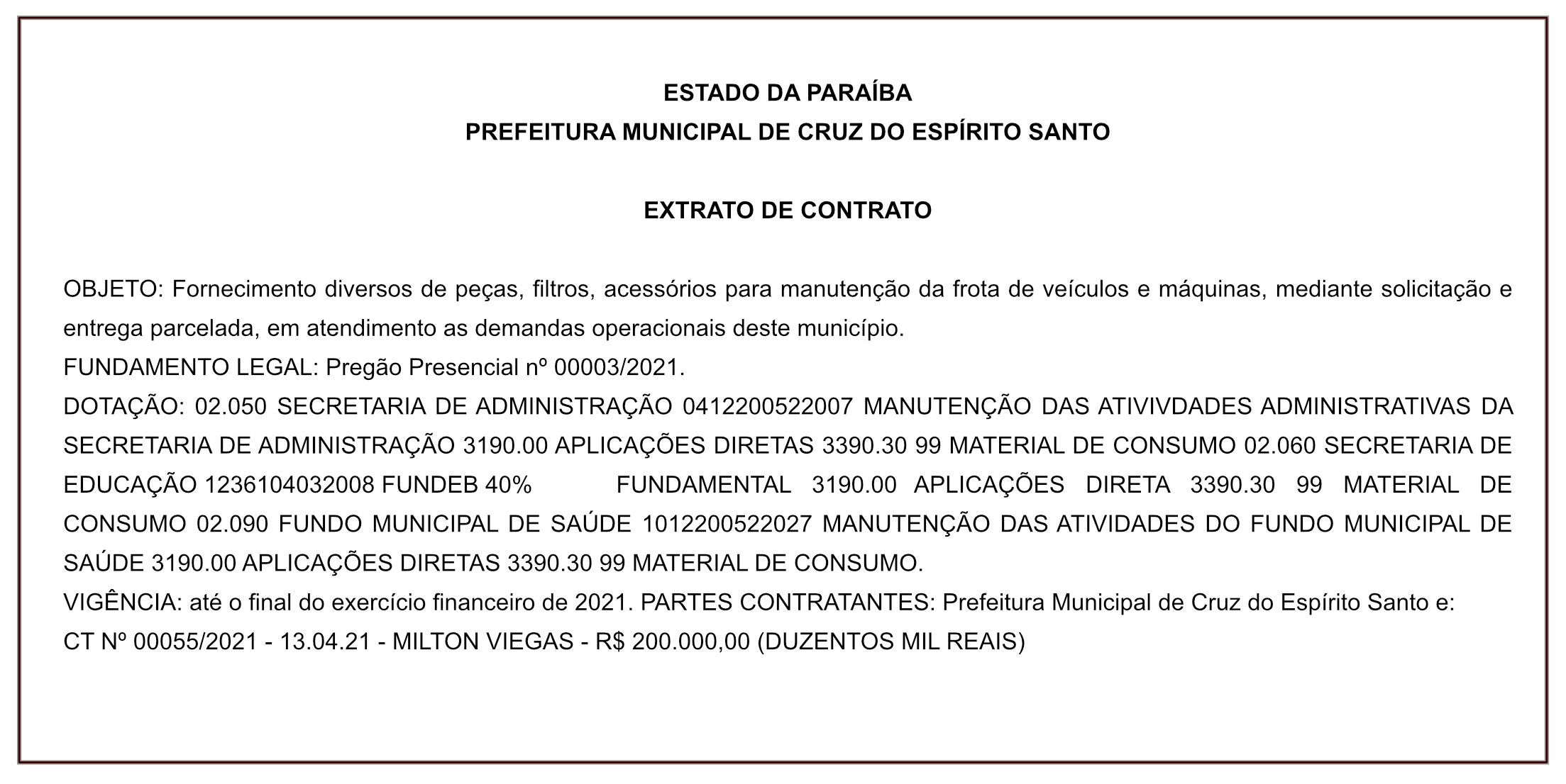 PREFEITURA MUNICIPAL DE CRUZ DO ESPÍRITO SANTO – EXTRATO DE CONTRATO