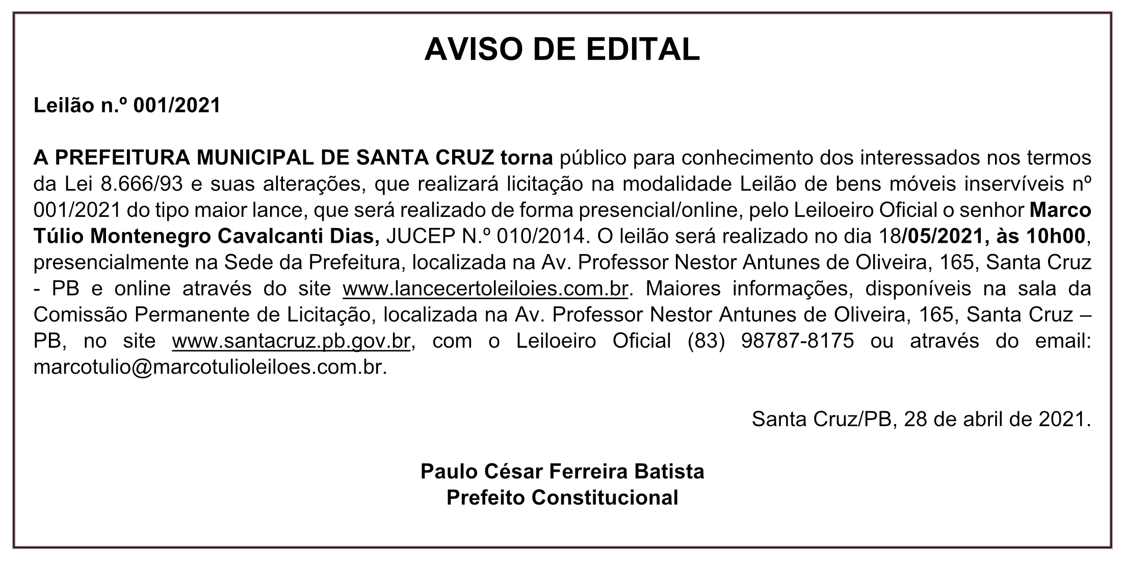 PREFEITURA MUNICIPAL DE SANTA CRUZ – AVISO DE EDITAL – LEILÃO Nº 001/2021