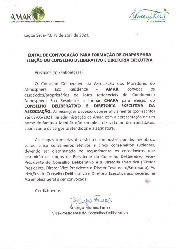 AMAR – EDITAL DE CONVOCAÇÃO PARA FORMAÇÃO DE CHAPAS PARA ELEIÇÃO DO CONSELHO DELIBERATIVO E DIRETORIA EXECUTIVA