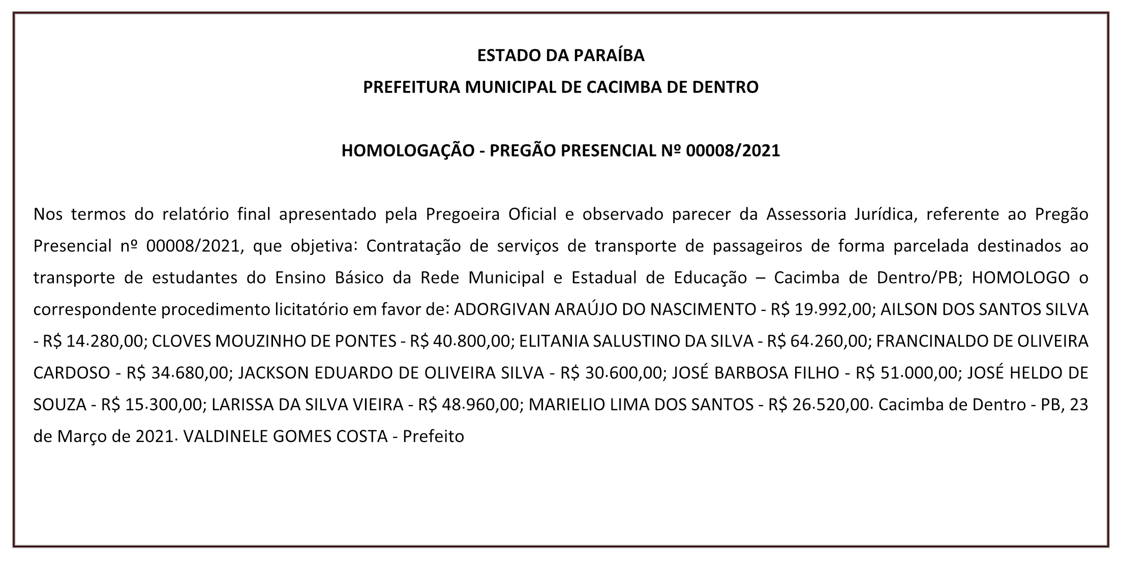 PREFEITURA MUNICIPAL DE CACIMBA DE DENTRO – HOMOLOGAÇÃO – PREGÃO PRESENCIAL Nº 00008/2021