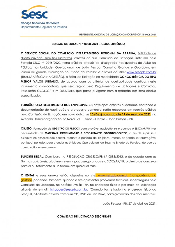 SESC – RESUMO DE EDITAL N. º 0008.2021 – CONCORRÊNCIA