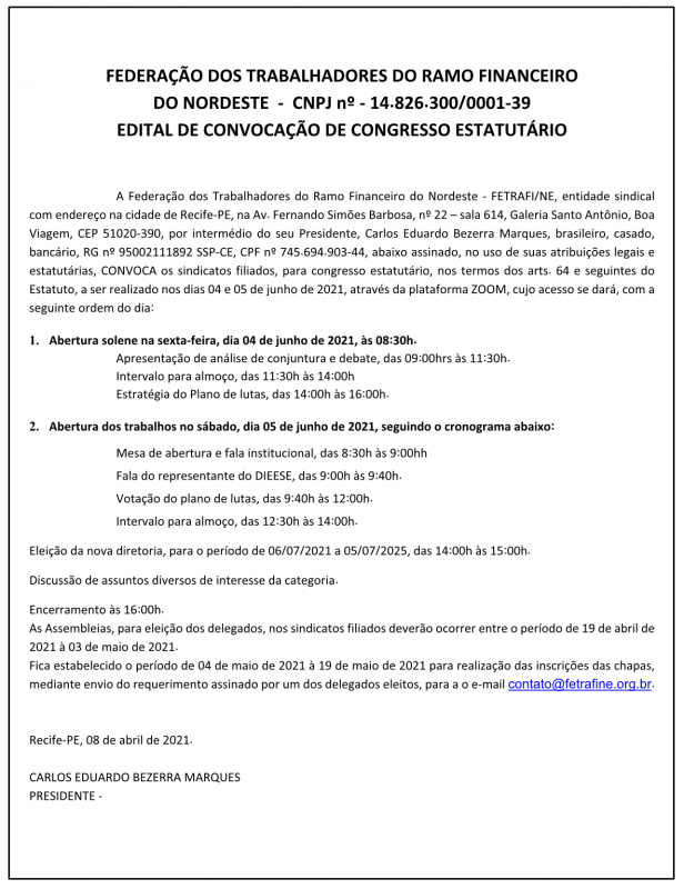 FETRAFI/NE – EDITAL DE CONVOCAÇÃO DE CONGRESSO ESTATUTÁRIO
