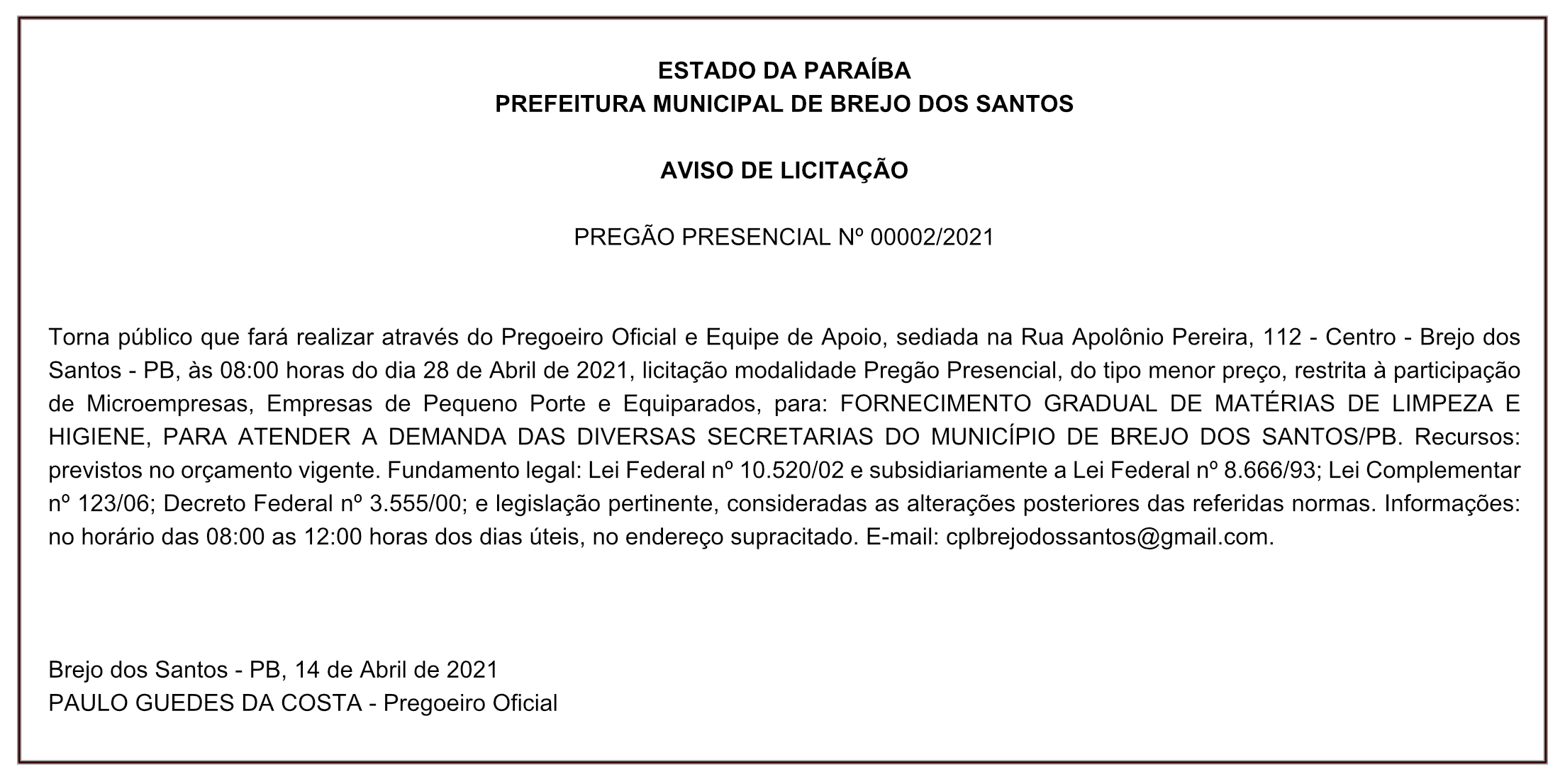 PREFEITURA MUNICIPAL DE BREJO DOS SANTOS -AVISO DE LICITAÇÃO – PREGÃO PRESENCIAL Nº 00002/2021