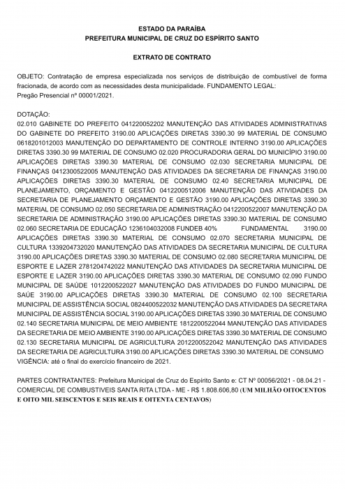 PREFEITURA MUNICIPAL DE CRUZ DO ESPÍRITO SANTO – EXTRATO DE CONTRATO