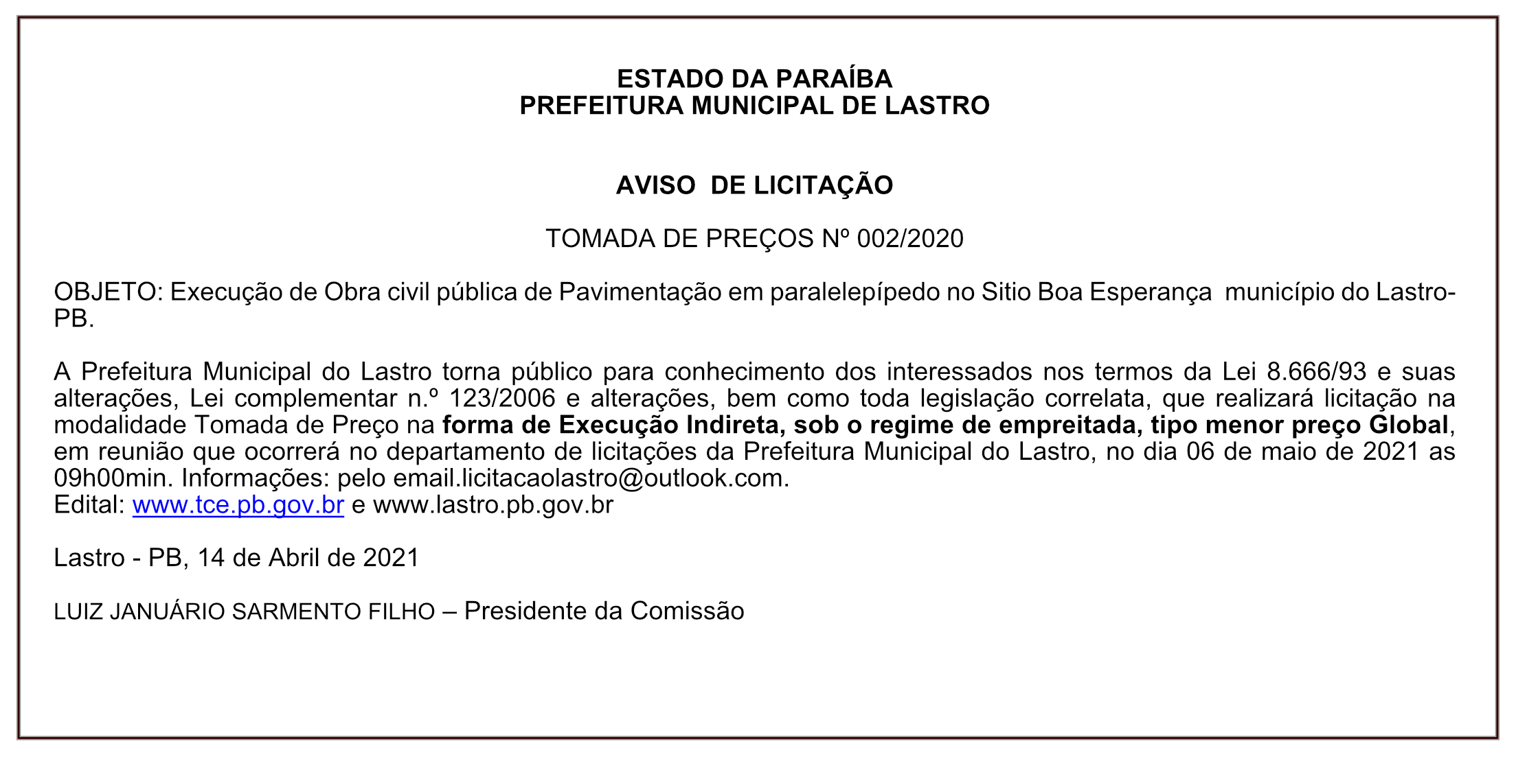 PREFEITURA MUNICIPAL DE LASTRO – AVISO DE LICITAÇÃO – TOMADA DE PREÇOS Nº 002/2020