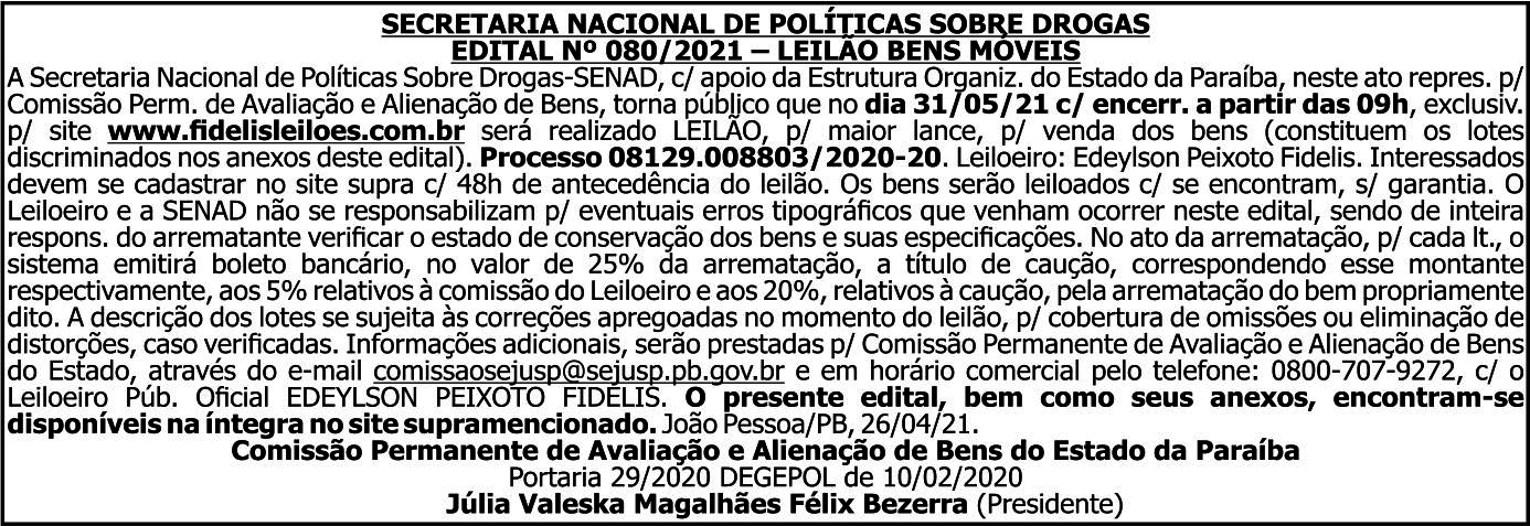 LEILÃO: SENAD/PB – 31/05/21