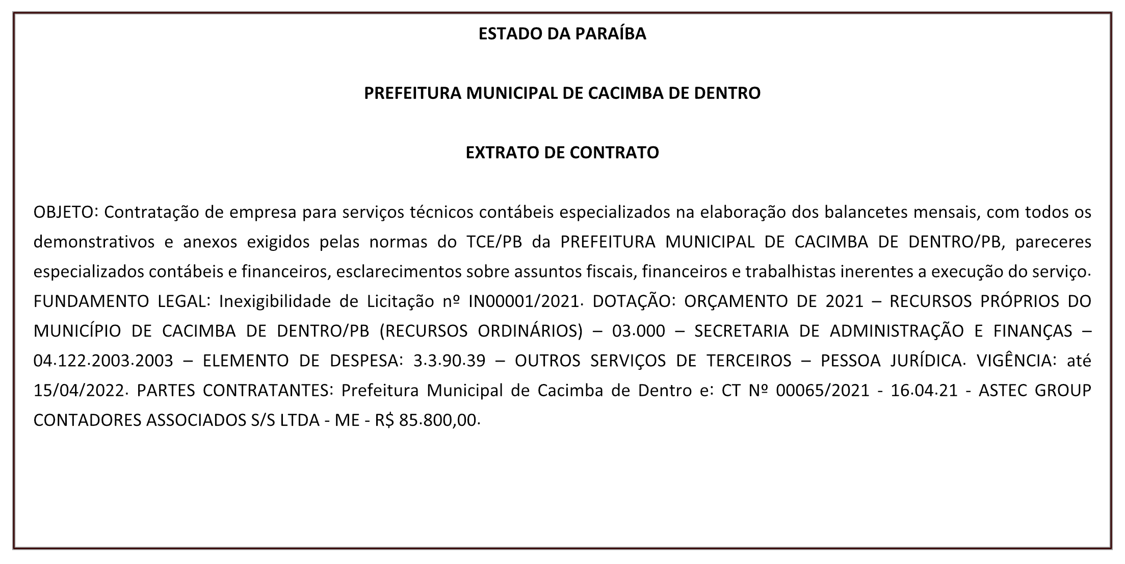 PREFEITURA MUNICIPAL DE CACIMBA DE DENTRO – EXTRATO DE CONTRATO