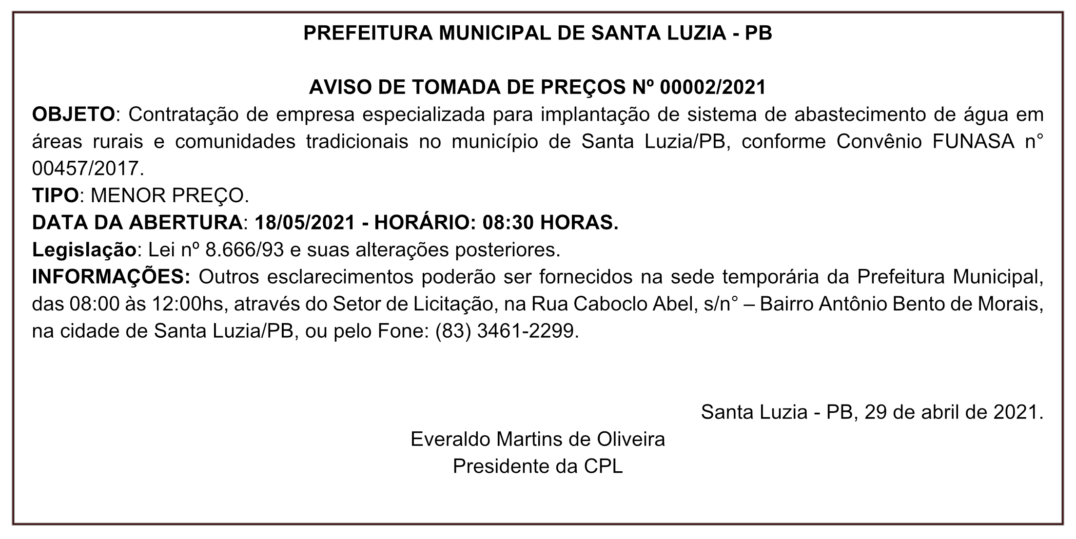 PREFEITURA MUNICIPAL DE SANTA LUZIA – AVISO DE TOMADA DE PREÇOS Nº 00002/2021