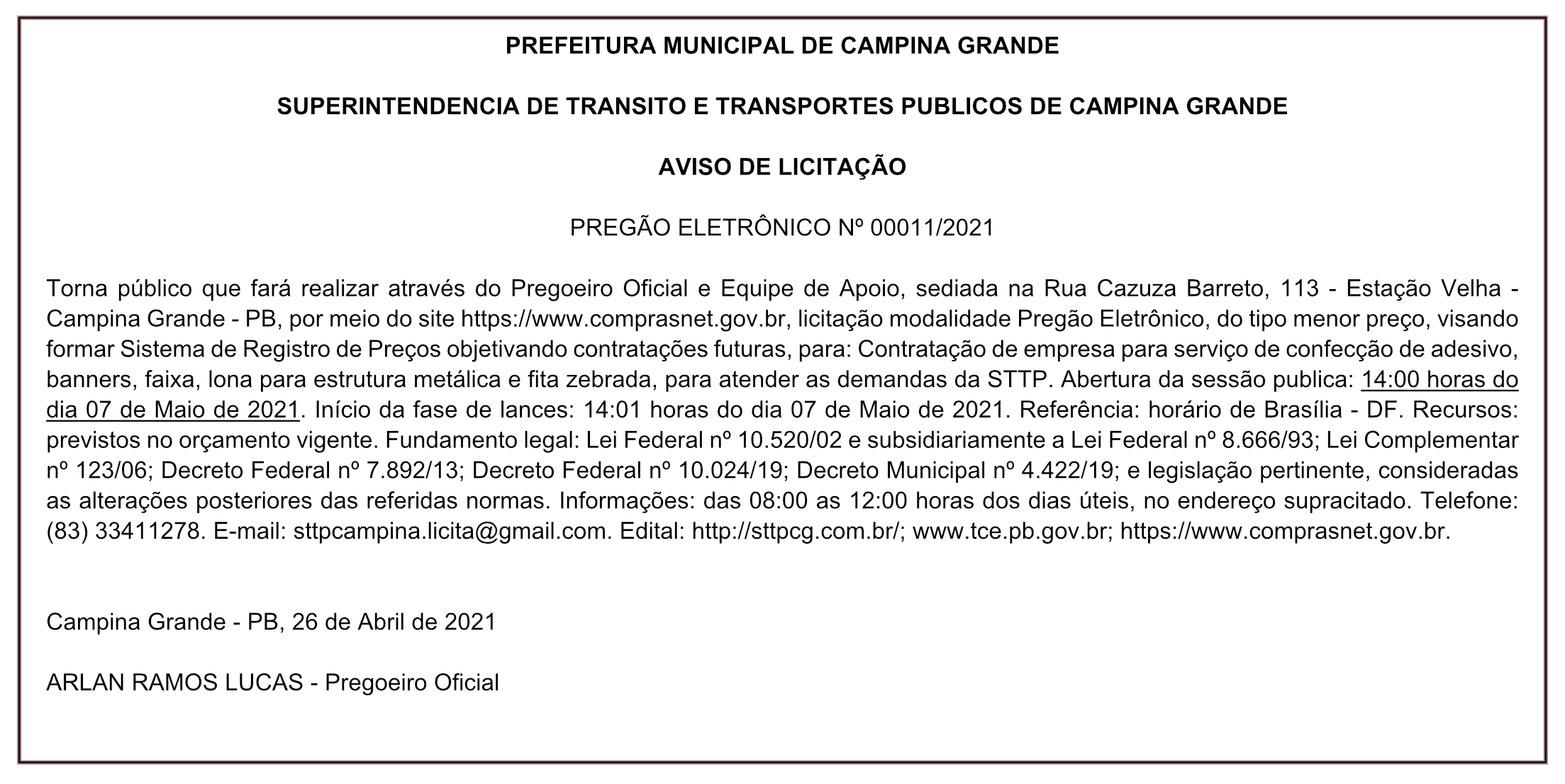 STTP – AVISO DE LICITAÇÃO – PREGÃO ELETRÔNICO Nº 00011/2021