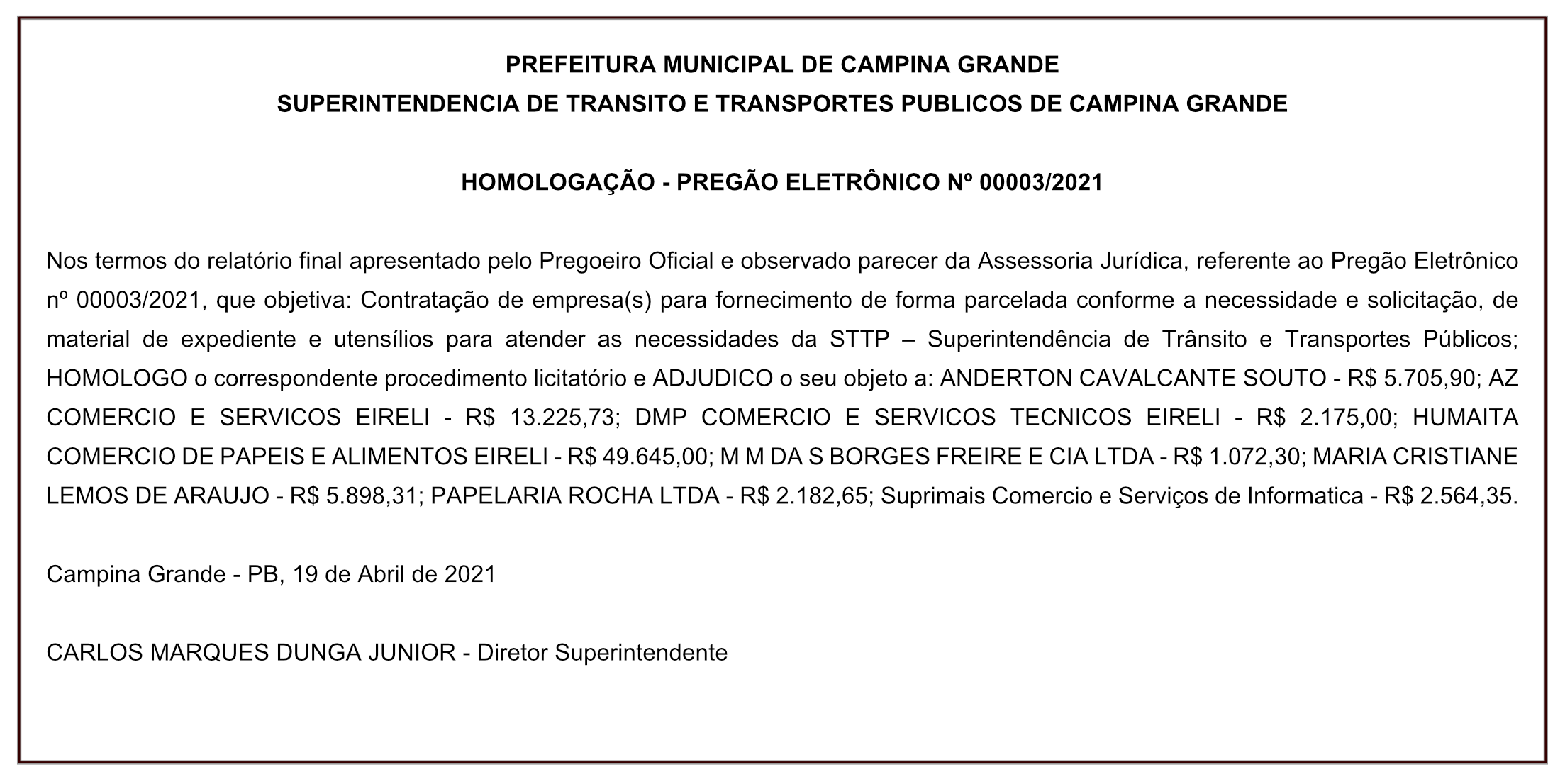 STTP – HOMOLOGAÇÃO – PREGÃO ELETRÔNICO Nº 00003/2021