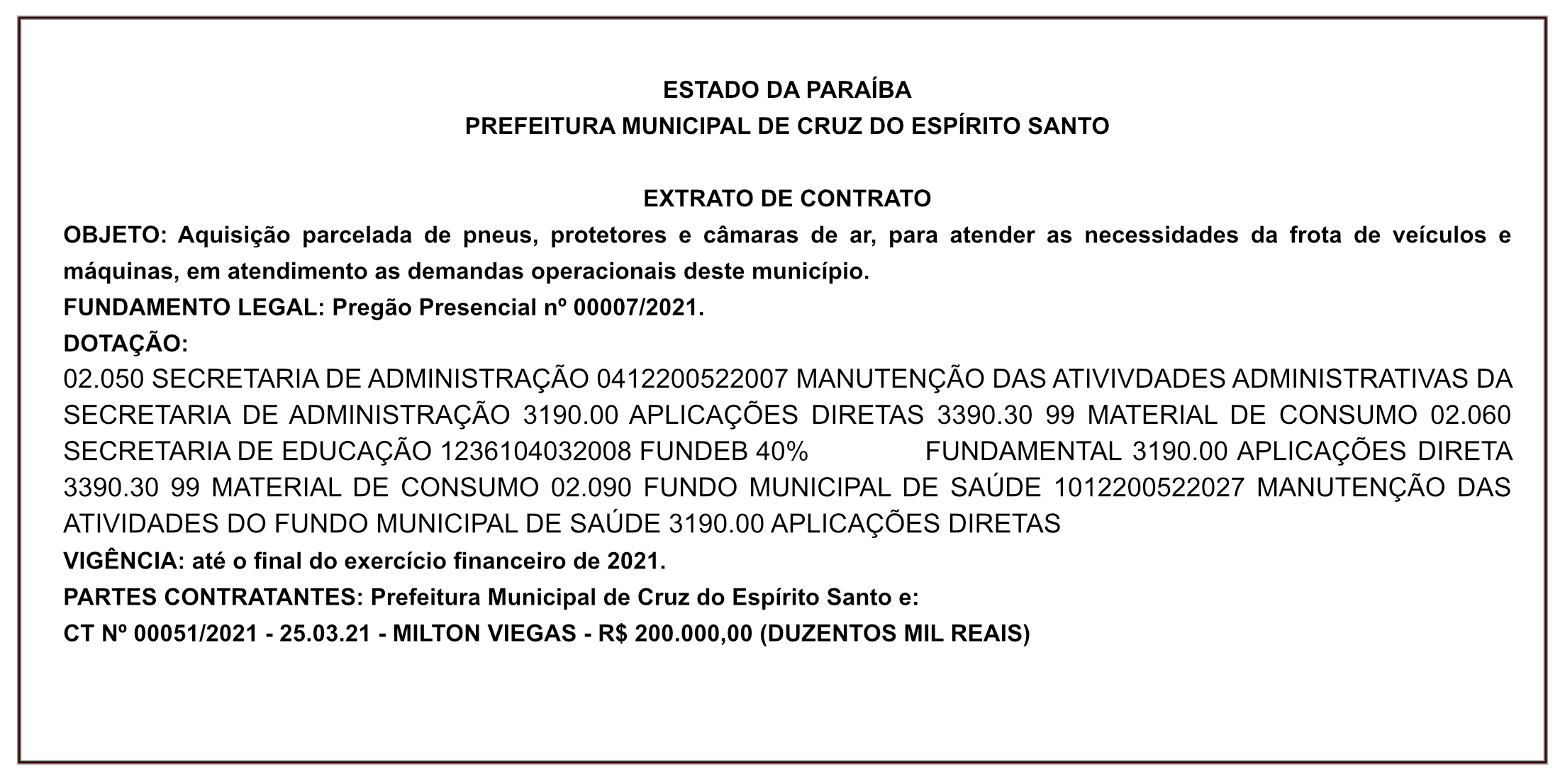 PREFEITURA MUNICIPAL DE CRUZ DO ESPÍRITO SANTO – EXTRATO DE CONTRATO