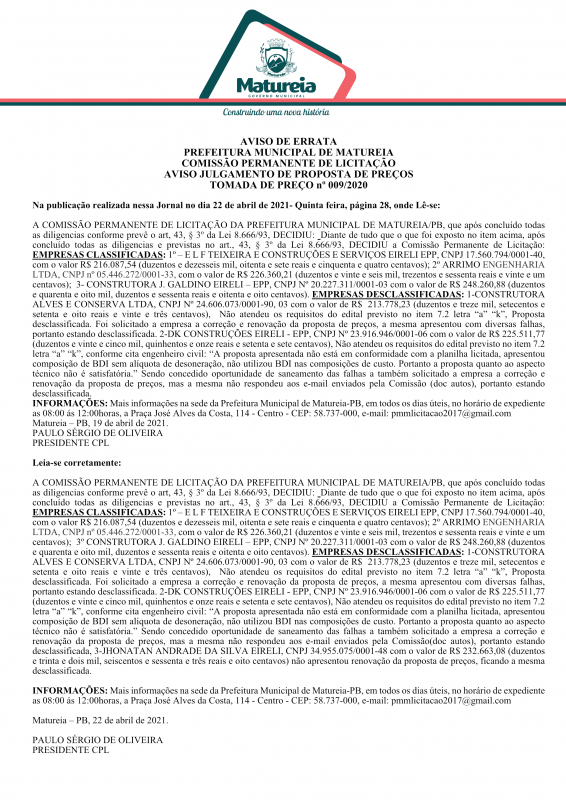AVISO DE ERRATA – PREFEITURA MUNICIPAL DE MATUREIA – AVISO JULGAMENTO DE PROPOSTA DE PREÇOS – TOMADA DE PREÇO nº 009/2020