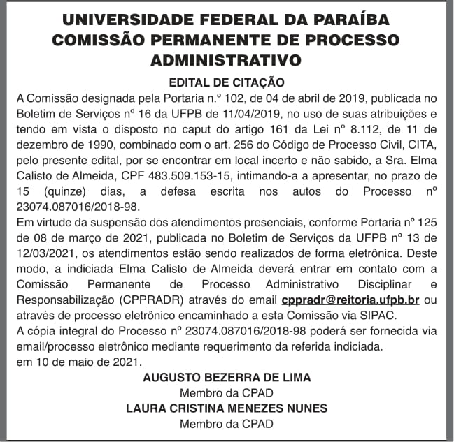 UFPB – EDITAL DE CITAÇÃO