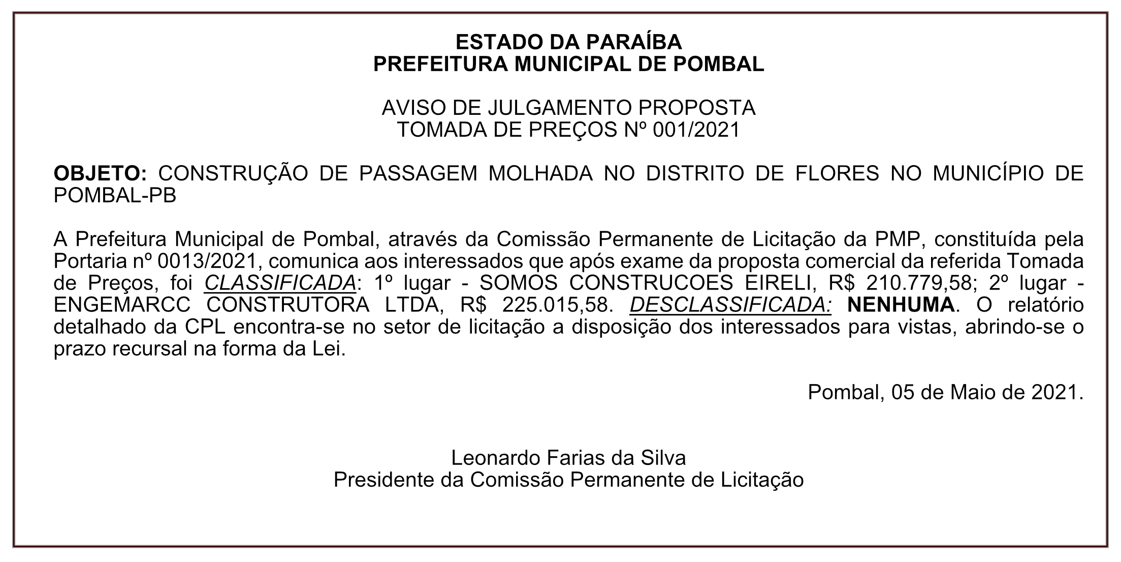 PREFEITURA MUNICIPAL DE POMBAL – AVISO DE JULGAMENTO – PROPOSTA – TOMADA DE PREÇOS Nº 001/2021