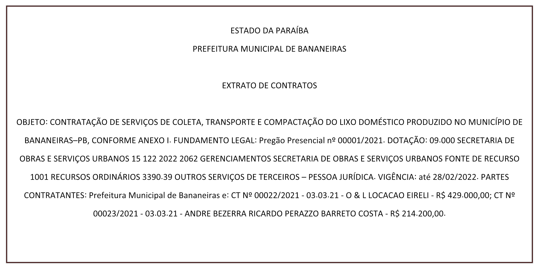 PREFEITURA MUNICIPAL DE BANANEIRAS – EXTRATO DE CONTRATOS