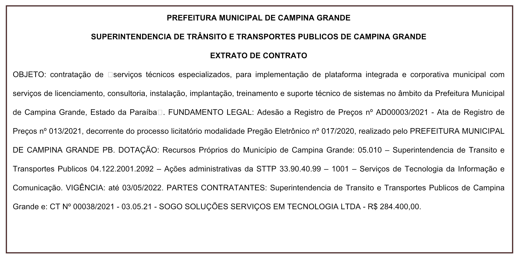 STTP – EXTRATO DE CONTRATO