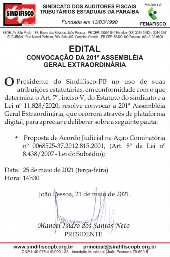 SINDIFISCO – PB – EDITAL – CONVOCAÇÃO DA 201ª ASSEMBLÉIA GERAL EXTRAORDINÁRIA