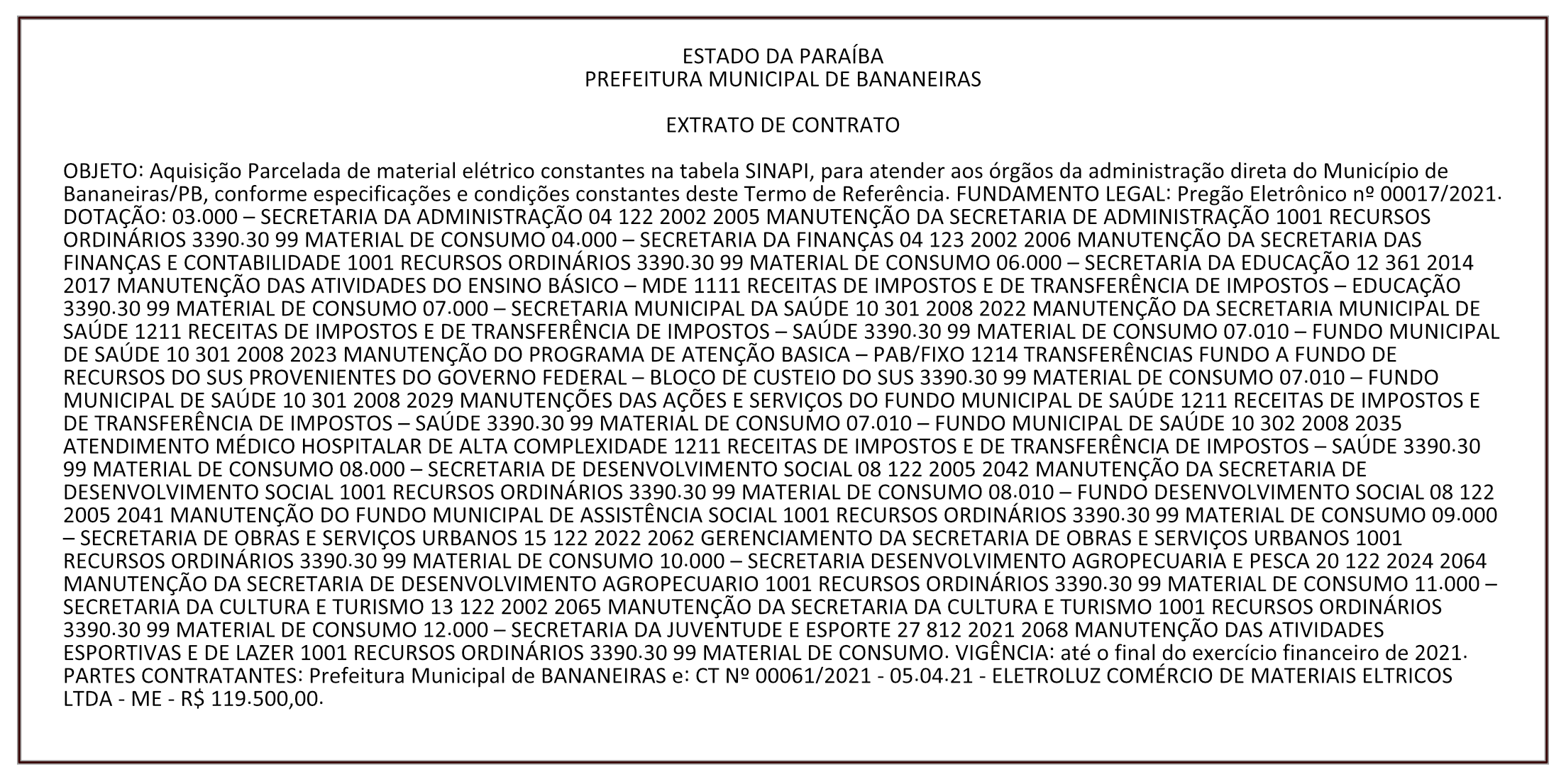 PREFEITURA MUNICIPAL DE BANANEIRAS – EXTRATO DE CONTRATO