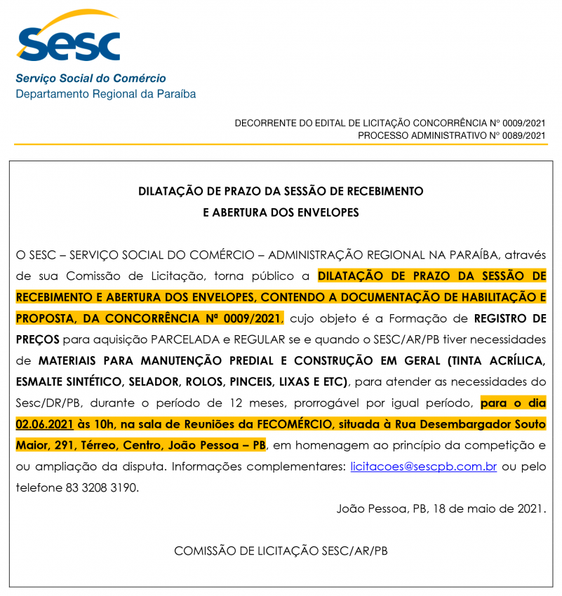 SESC – DILATAÇÃO DE PRAZO DA SESSÃO DE RECEBIMENTO E ABERTURA DOS ENVELOPES