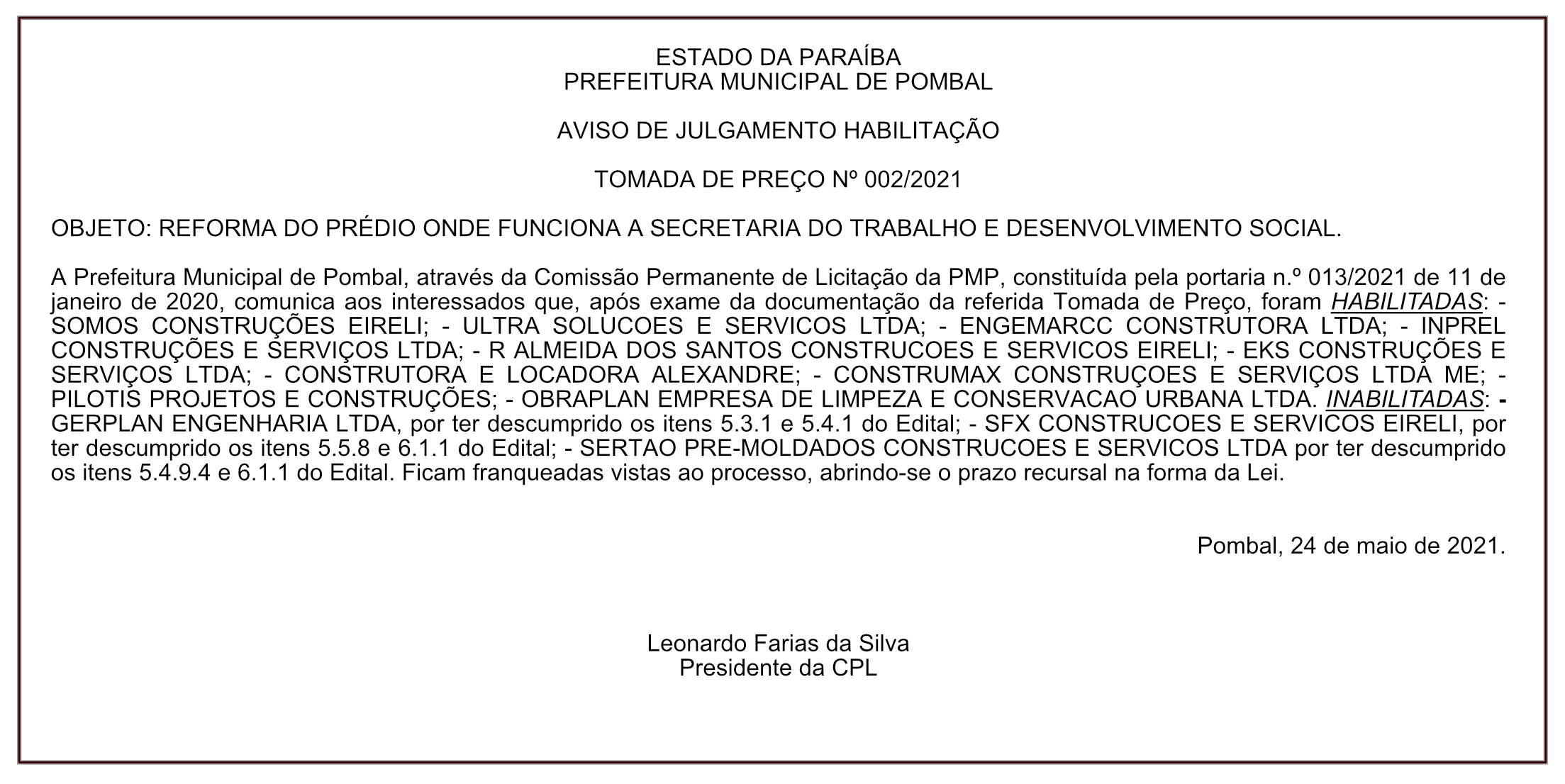 PREFEITURA MUNICIPAL DE POMBAL – AVISO DE JULGAMENTO – HABILITAÇÃO – TOMADA DE PREÇO Nº 002/2021