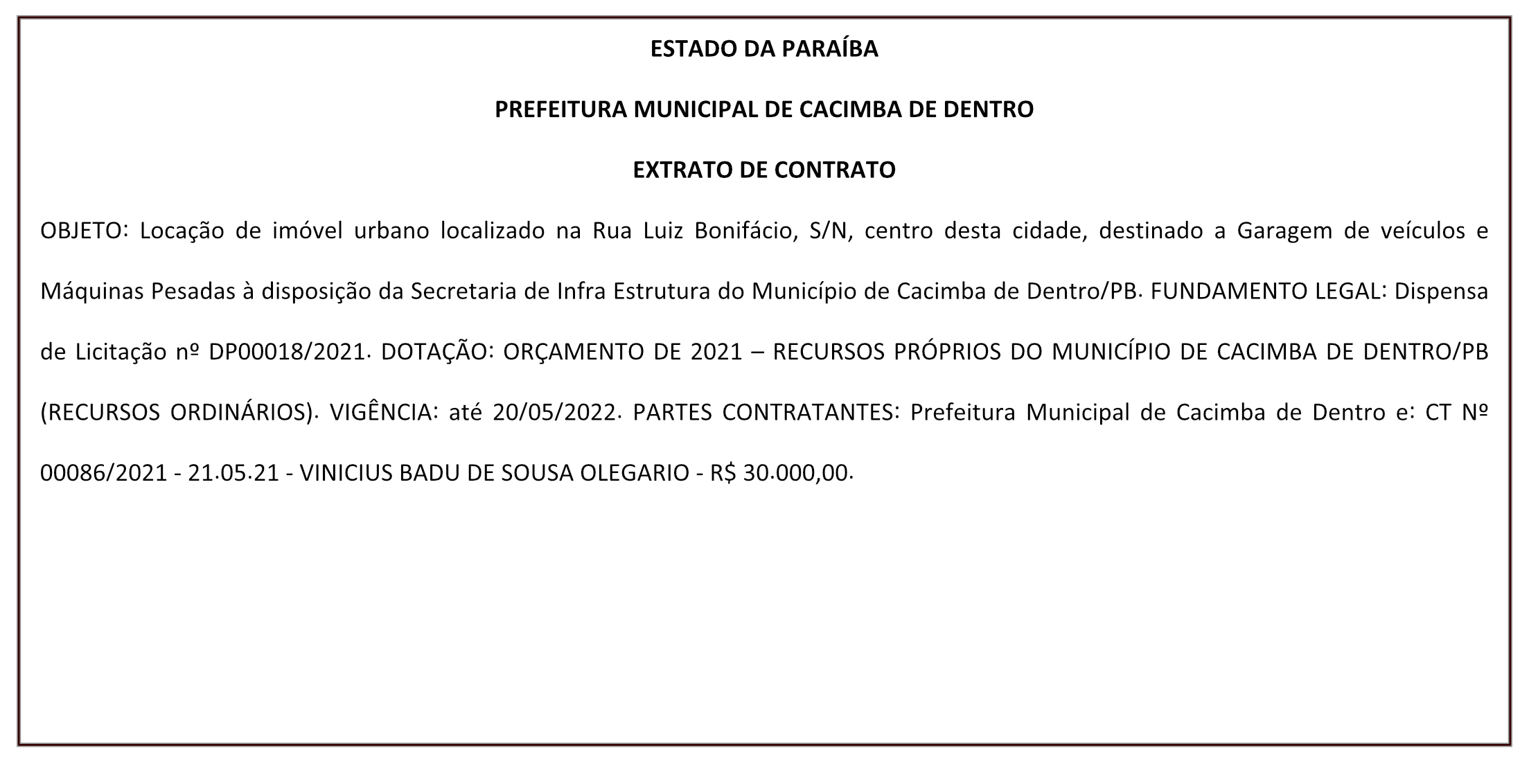 PREFEITURA MUNICIPAL DE CACIMBA DE DENTRO – EXTRATO DE CONTRATO
