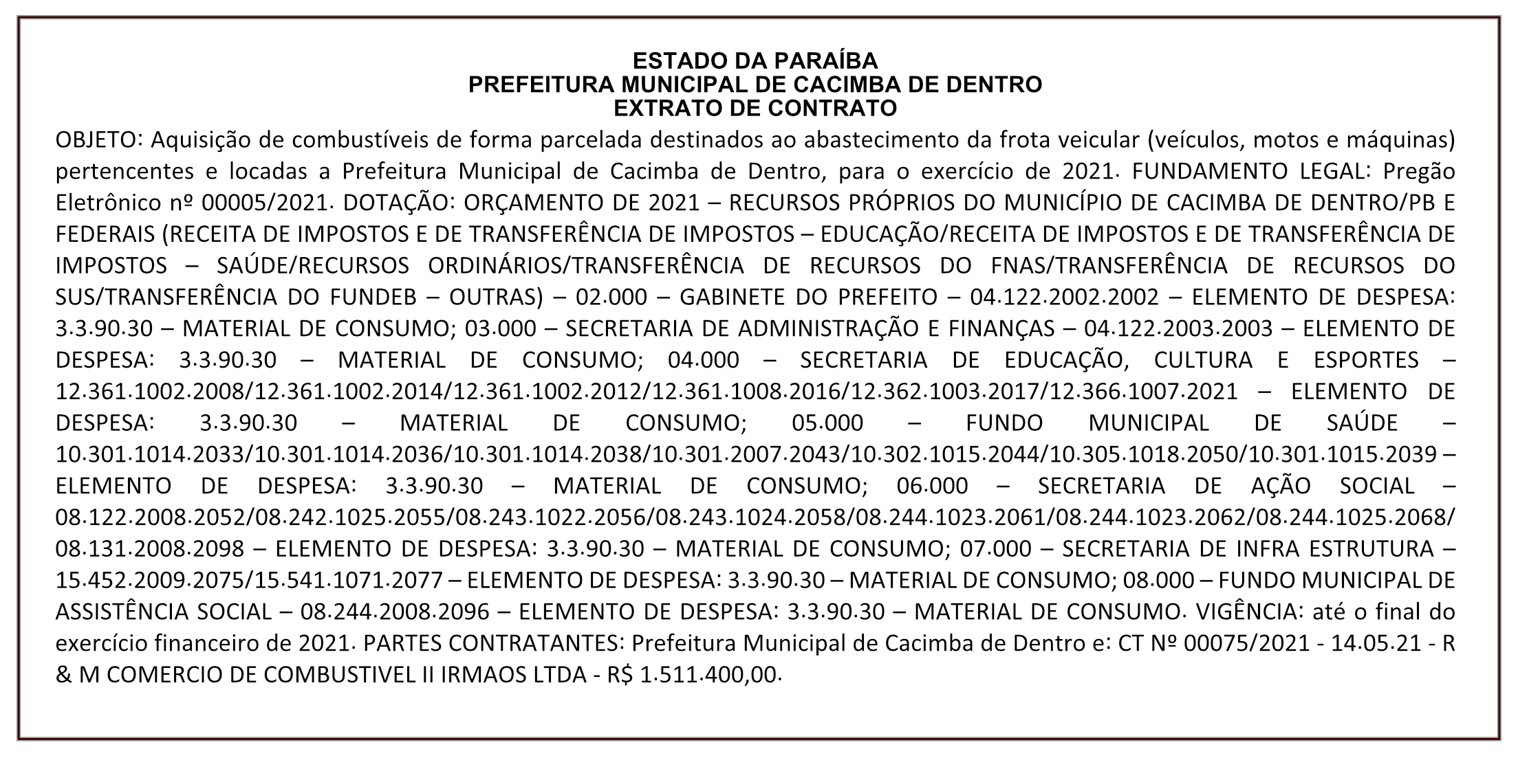 PREFEITURA MUNICIPAL DE CACIMBA DE DENTRO – EXTRATO DE CONTRATO